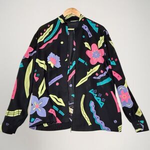 Vintage Alfred Dunner Lg 80s Neon Floral Bomber Jacket Retro Art Teacher Vibes